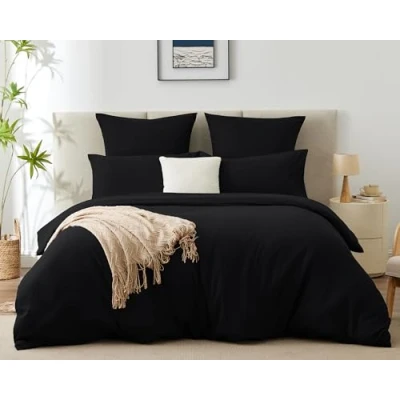 Afbeelding van WAVVE Dekbedovertrek 260 x 240 cm met 2 kussenslopen 65 cm, beddengoedset voor tweepersoonsbed 200 ritssluiting, dekbedovertrekset van microvezel, zwart