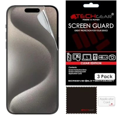 Afbeelding van TECHGEAR [3 pack schermbeschermers voor iPhone 15 Pro CLEAR LCD schermbeschermer beschermhoezen met reinigingsdoek en applicatiekaart compatibel 6,1 inch