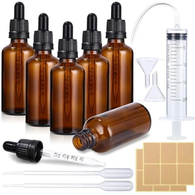 Afbeelding van Set van 6 50 ml bruine glazen pipetfles, apothekersfles, druppelfles, met trechtersticker, etiket druppelflesjes