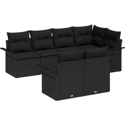 Afbeelding van vidaXL 7 delige tuinsalon met kussens zwart poly rattan, 2 zits opbergruimte &amp; rattan