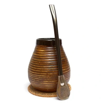 Afbeelding van Mate Green Yerba Theeset ● keramische beker 350 ml Edelstalen rietje Bombilla 19 cm Handgemaakte kalebas Matthee mok Kurkpad