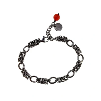 Afbeelding van Armband Dames Gepolijst RVS Byzantijnse en Ovale Schakelarmband met Rode Kattenoogsteen Verstelbaar 15cm tot 19cm