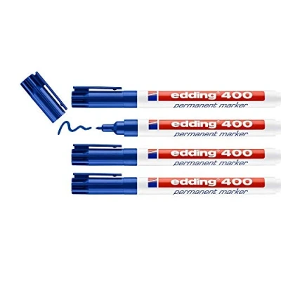 Afbeelding van edding 400 permanent marker blauw 4 stiften fijne ronde punt 1 mm watervast, sneldrogend wrijfvast voor karton, kunststof, hout, metaal, glas
