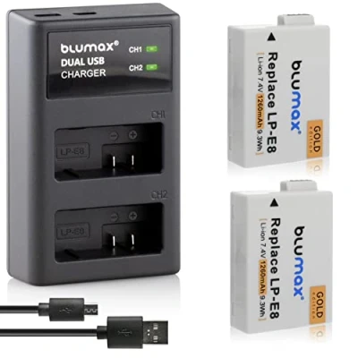 Afbeelding van Blumax 2X Gold Edition accu LP E8 1260mAh + dubbele oplader USB compatibel met Canon EOS 550D 600D 650D 700D