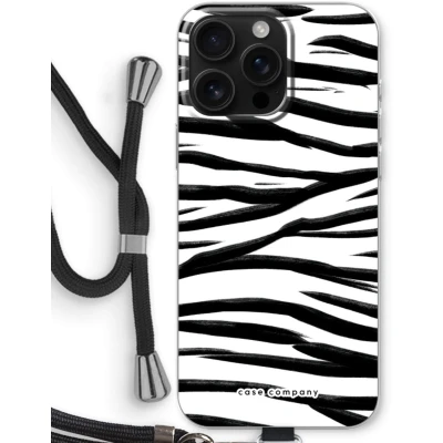 Afbeelding van Case Company® hoesje met Koord geschikt voor iPhone 16 Pro Max Zebra pattern Telefoonhoesje Zwart Bescherming aan alle Kanten en Over de Schermrand