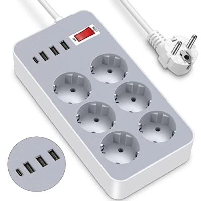 Afbeelding van stekkerdoos met schakelaar, 6 voudig meervoudige stekker, verlengkabel, 10 in 1, stekkerdoos, USB C en schakelaar voor thuis,