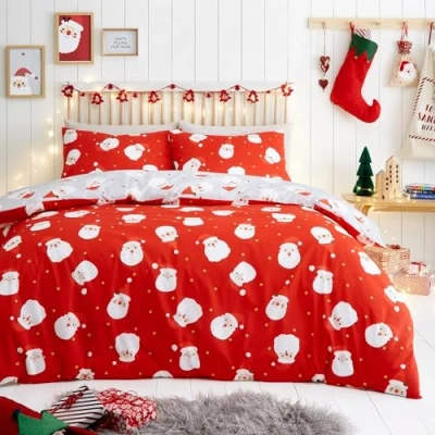 Afbeelding van Fusion Rode kerstman dekbedovertrek tweepersoons beddengoed (200 x 200 cm) kerstbeddengoed voor vader omkeerbaar ontwerp (grijs/rood) Jolly Santa dekbedovertrekset Cartoon bedset
