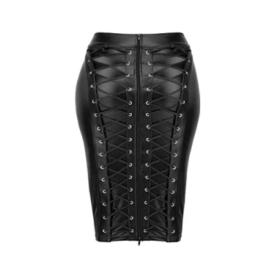 Afbeelding van Noir Handmade Wetlook Kokerrok met Rijgveters Grote Maten/Plus Size 4XL