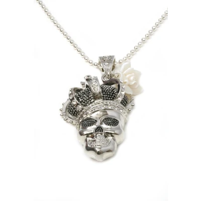 Afbeelding van Heaven Eleven dames ketting Edelstaal ballchain 2mm RVS skull met kroon zilverkleurende fimo klei bloem handgemaakt 74cm