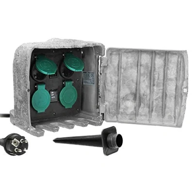Afbeelding van Buitenstopcontact steen look Decoratief imitatiesteen 4 voudig IP44 Handmatig aan/uit Schemersensor 3 meter kabel