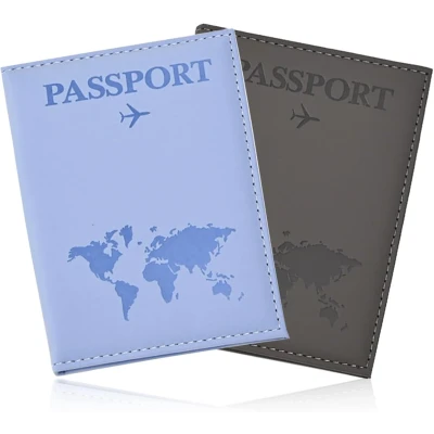 Afbeelding van Étui pour passeport, housse de passeport et étiquette bagage (pour hommes femmes), portefeuille voyage (avec espace cartes crédit d&#039;embarquement) (bleu + gris foncé)