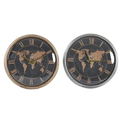 Afbeelding van Muurklok DKD Home Decor 46 x 6,5 cm Kristal Zilverkleurig Zwart Gouden Bruin Ijzer Wereldkaart (2 Stuks)