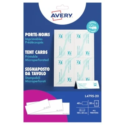 Afbeelding van Avery L4795 20 afdrukbare plaats/tentkaarten, 2 kaarten per A4 blad
