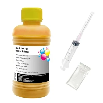 Afbeelding van Hallosun 250 ml gele navulinkt, compatibel met HP Canon Epson Brother Lexmark printer, navulbare inktpatronen CISS CIS systeem, 1 spuit, handschoen