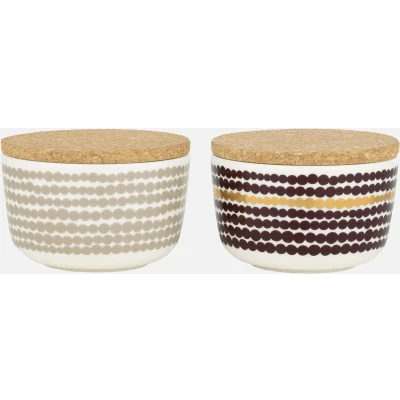 Afbeelding van Marimekko Siirtolapuutarha Kom met deksel 25cl set van 2 beige wijnrood goud