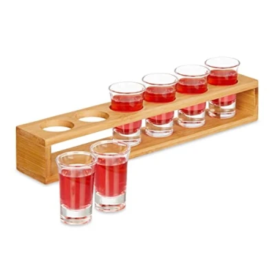 Afbeelding van borrelglaasjes glas set van 6 met bamboe houder 4 cl herbruikbaar