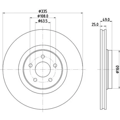 Afbeelding van HELLA Remschijf FORD: FOCUS 3, 3 Turnier 335mm 25mm 05/05 108mm Buiten geventileerd Gecoat High carbon 8DD 355 134 631 2024595,2230347,5267604