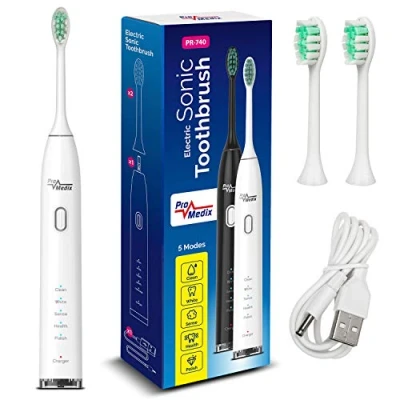 Afbeelding van ProMedix Sonische, elektrische tandenborstel met reisetui Timer van 2 minuten IPX7 waterdicht Opladen via USB Wit