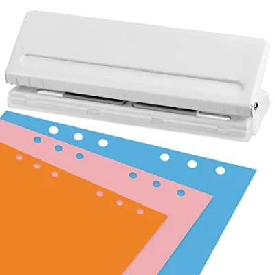 Afbeelding van Kantoorperforator, 6 vaks, A4, A5, A6, B7, metaal, wit, perforator, gaten, DIN papierperforator, kleine vakken voor 8 vellen