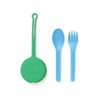 Afbeelding van Omie Box Kids gebruiksvoorwerpen set met etui 2 delig plastic, herbruikbare vork en lepel zilverwerk pod voor kinderen, reizen, lunchboxen mintgroen