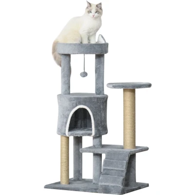Afbeelding van PawHut krabpaal met kattengrot Ladder hoogte 100 cm Klimboom voor katten Spaanplaat jute grijs 60 x 40