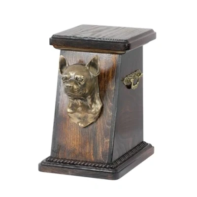 Afbeelding van Art Dog Custom Memorial Urn Handgemaakte Box Koudgegoten bronzen hondenkop op berkenbasis 19cmx32cmx30cm Chihuahua