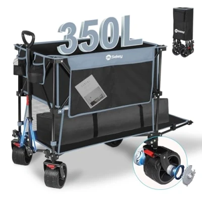 Afbeelding van Sekey XXXXL opvouwbare handkar 350L met extra brede banden 17x10cm 150KG, strandkar transportkar opvouwbaar vanuit 4 richtingen, 4XL Double 4021, Blauw Zwart