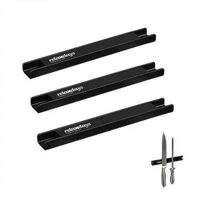 Afbeelding van Relaxdays magneetstrip gereedschap, set van 3, ca. 20 cm lang, staal, messenhouder keukenmessen, voor aan muur, zwart