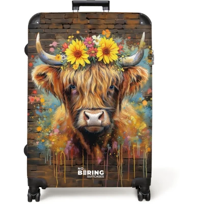 Afbeelding van NoBoringSuitcases.com® Koffer groot Reiskoffer lichtgewicht Graffiti schotse hooglander met bloemen Rolkoffer 4 wielen Grote trolley XL 98 liter bagage