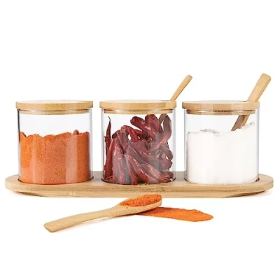 Afbeelding van Czemo kruidenpotjes, 3 x 300 ml, glazen kruidenstrooierset met lepel, deksel, pallets, zoutpotten, suikerpotjes, set zout en suiker, houder voor keuken eettafel