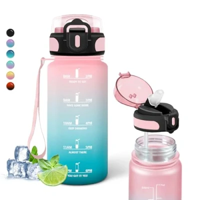 Afbeelding van drinkfles voor kinderen, 500 ml, waterfles met rietje, motiverende tijdschaal, gemakkelijk mee te nemen, tijdschema&#039;s, school, hardlopen, reizen