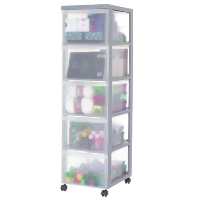 Afbeelding van Iris Ohyama Unidad de almacenamiento plástico con ruedas y 5 cajones profundos, Gris, asas fácil extracción, multiusos, A4, A5, para oficina, hogar, escuela, Torre, Organizador, DC 305
