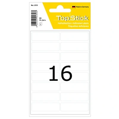Afbeelding van TopStick 1353 huishou etiketten klein (13 x 40 mm, 5 velles, papier, mat) zelfklevend, permanente klevende multifunctionele voor handschrift, 80 etiketten, wit