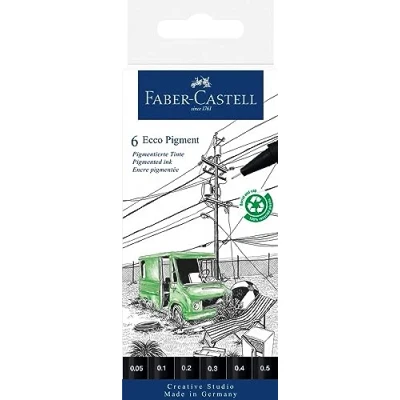 Afbeelding van 5x Tekenpen Faber Castell Ecco pigment 6 delig etui zwart