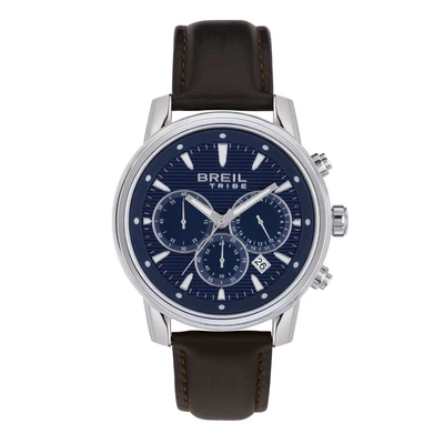 Afbeelding van Breil Caliber EW0690 herenhorloge, wijzerplaat effen blauw, uurwerk chronograaf kwarts en armband van bruin leer