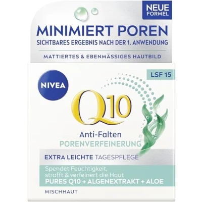 Afbeelding van NIVEA Q10 Anti rimpel poriënverfijning, extra lichte dagverzorging, verstevigende dagcrème met SPF 15, gezichtsverzorging voor gemengde huid Q10, algenextract en aloë (50 ml)