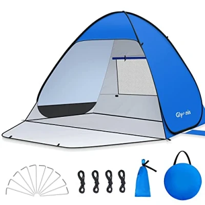 Afbeelding van Beach Shelter Pop up strandtent met ritssluiting UV bescherming 50+ windbescherming Kleine pakmaat Blauwe