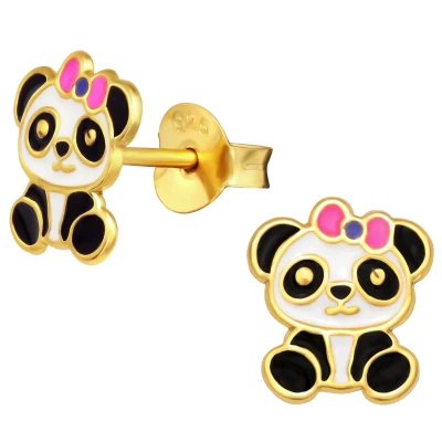Afbeelding van JoyS Zilveren panda oorbellen roze strikje 14k goudplating / goldplated kinderoorbellen