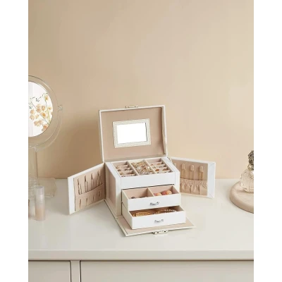 Afbeelding van Sieradendoosje 3 niveaus, sieradendoos met handvat, 2 laden, spiegel, slot, sieradenopslag voor reizen, modern, cadeau idee, klassiek wit JBC154W01
