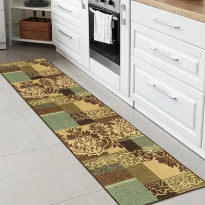 Afbeelding van Ottomanson Machinewasbaar, damastontwerp, antislip rubberback 2 x 7 traditioneel tapijt voor gang, keuken, slaapkamer, woonkamer, 1 cm, bruin/groen