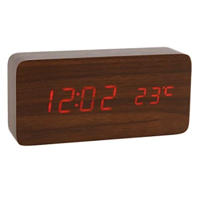 Afbeelding van Lancoon Digitale klok van hout multifunctionele led wekker met tijd/datum/temperatuurweergave en spraakbesturing voor op reis thuis AC11Brown_Red