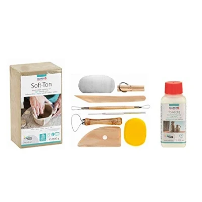 Afbeelding van GLOREX 6 8075 299K set voor creatievelingen: Zachte klei 2500 g in wit, luchthardend of bakken, 100 ml kit en een 8 delige met slijtvast boetseergereedschap