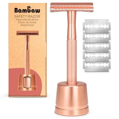 Afbeelding van Metalen Veiligheidsscheermes met Stand Roségoud Nat Scheren voor Mannen &amp; Vrouwen Geschikt Alle Double Edge Mesjes Safety Razor Scheermes Bambaw