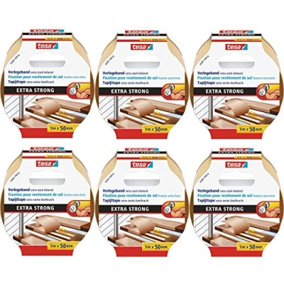 Afbeelding van Tesa® Tapijttape, dubbelzijdig, extra sterke kleefkracht, voor alle soorten tapijt en pvc vloeren, geschikt vloerverwarming vochtige ruimtes, 50 mm x 5 m, verpakking met 6 stuks
