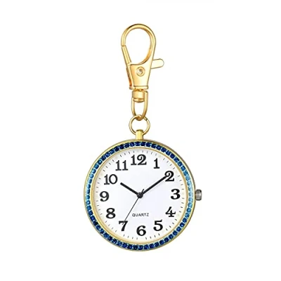 Afbeelding van JewelryWe Sleutelhanger Horloge Strass Quartz Zakhorloge FOB Clip on Riem Nieuwigheid Horloges voor Mannen Vrouwen, goud blauw, Klassiek