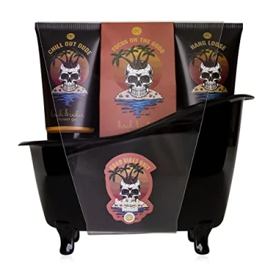Afbeelding van accentra GOOD VIBES ONLY bad &amp; doucheset met berken en cedergeur cadeauset voor mannen om te relaxen op hun verjaardag 5 delige wellness cadeau verzorgingsset zwart mini decoratief