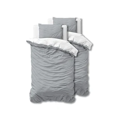 Afbeelding van Sleeptime 100% Katoen dekbedovertrek 155cm x 220cm Grijs/Wit Zacht &amp; strijkvrij met rits Tweekleurig dekbedovertrekset 2 kussenslopen 80cm