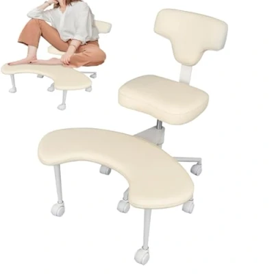Afbeelding van yoakaiax Kruisbenige bureaustoel, meditatiestoel met gekruiste poten, bureaustoel wielen, ergonomische knielende stoel, criscross lendensteun en verstelbare kruk, beige