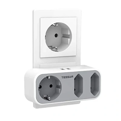 Afbeelding van TESSAN Dubbele Stekker voor Stopcontact, 5 in 1 Meervoudige Stekkerdoos met 2 USB Aansluitingen, Stekkerdoosadapter 3 weg Oplader (2 Euro Aansluitingen en Schuko)
