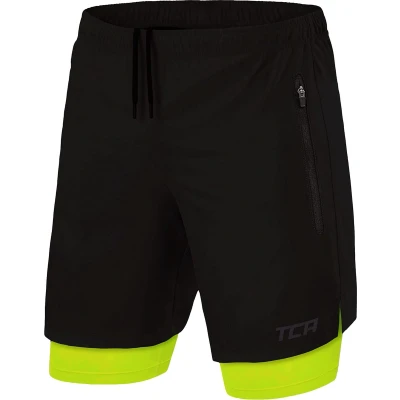 Afbeelding van TCA Mannen Ultra 2 in 1 Hardloop Gym Shorts met Ritszakje Zwart/Groen (2x Ritszakken), M